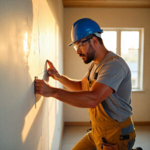 A american male construction worker in his late 30s, wearing a blue hard hat and safety glasses, professional drywall repairing in a brightly lit, unfinished suburban home during a sunny summer afternoon. He is applying joint compound with a 6-inch taping knife, wearing a grey t-shirt and work boots.